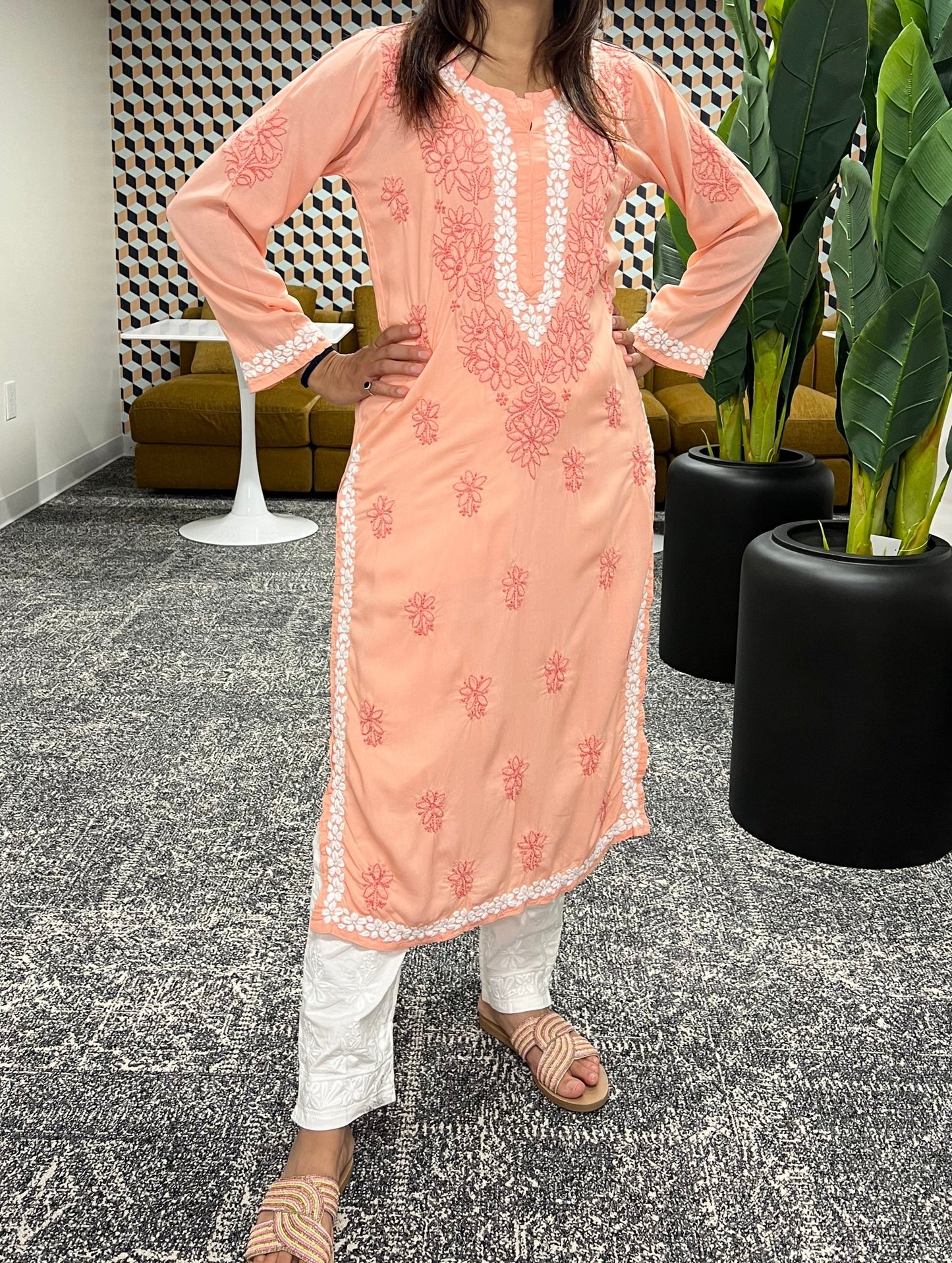 Peach chikankari kurti with floral design in modal fabric