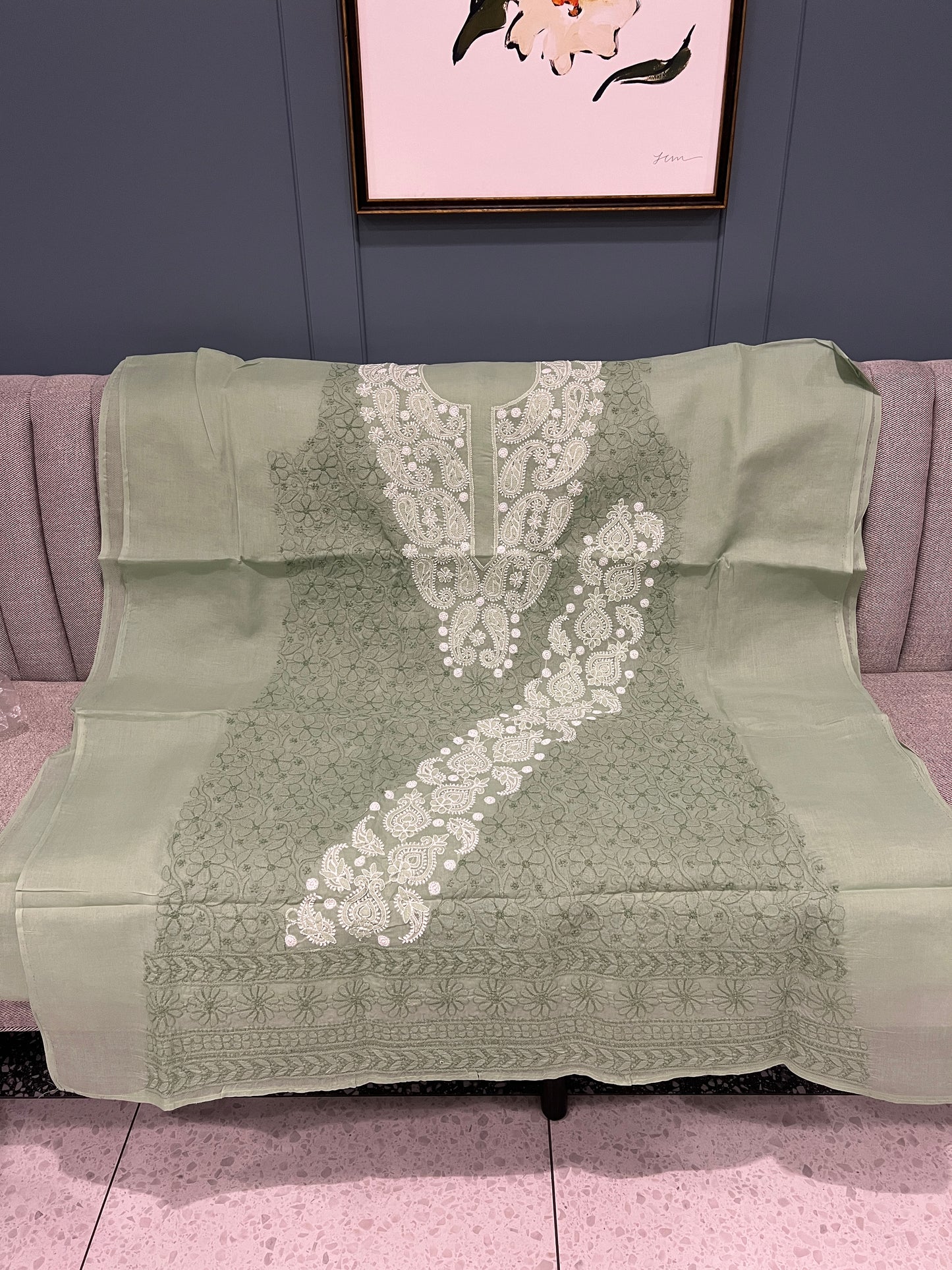 Lucknow chikankari cotton salwaar and kameez dress material - dull forest green