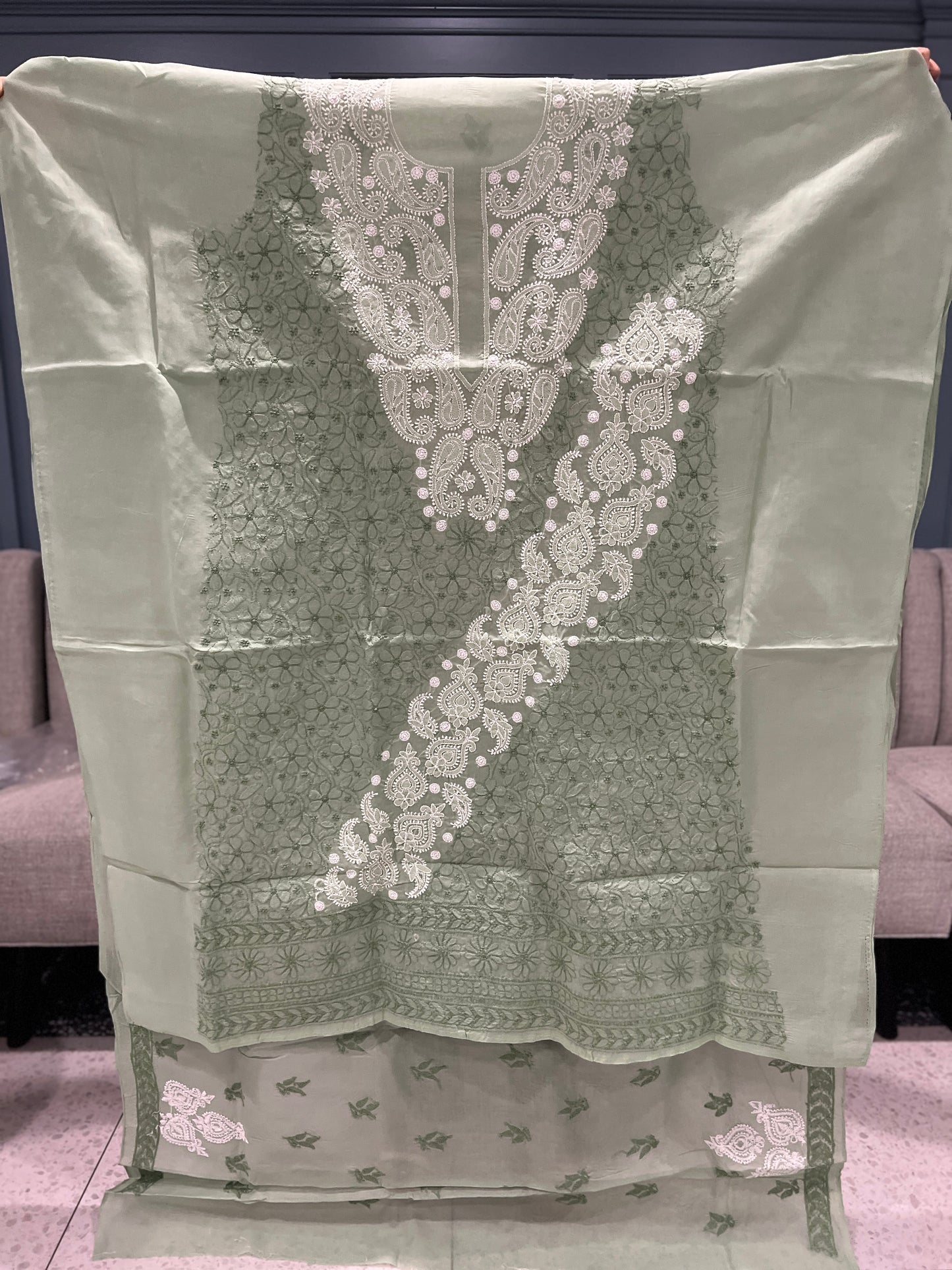Lucknow chikankari cotton salwaar and kameez dress material - dull forest green