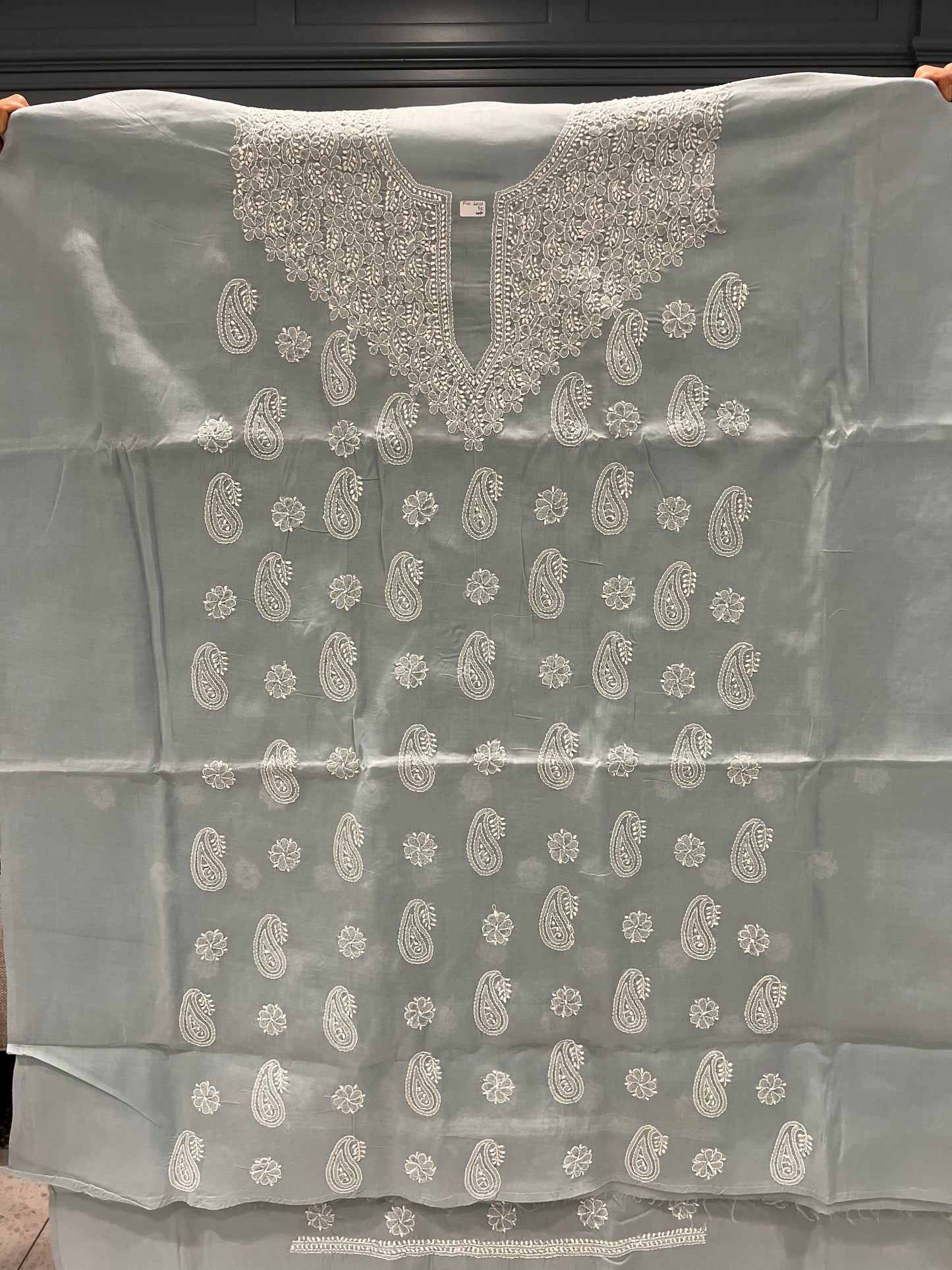 Lucknow chikankari cotton salwaar, kameez and dupatta dress material - blue grey