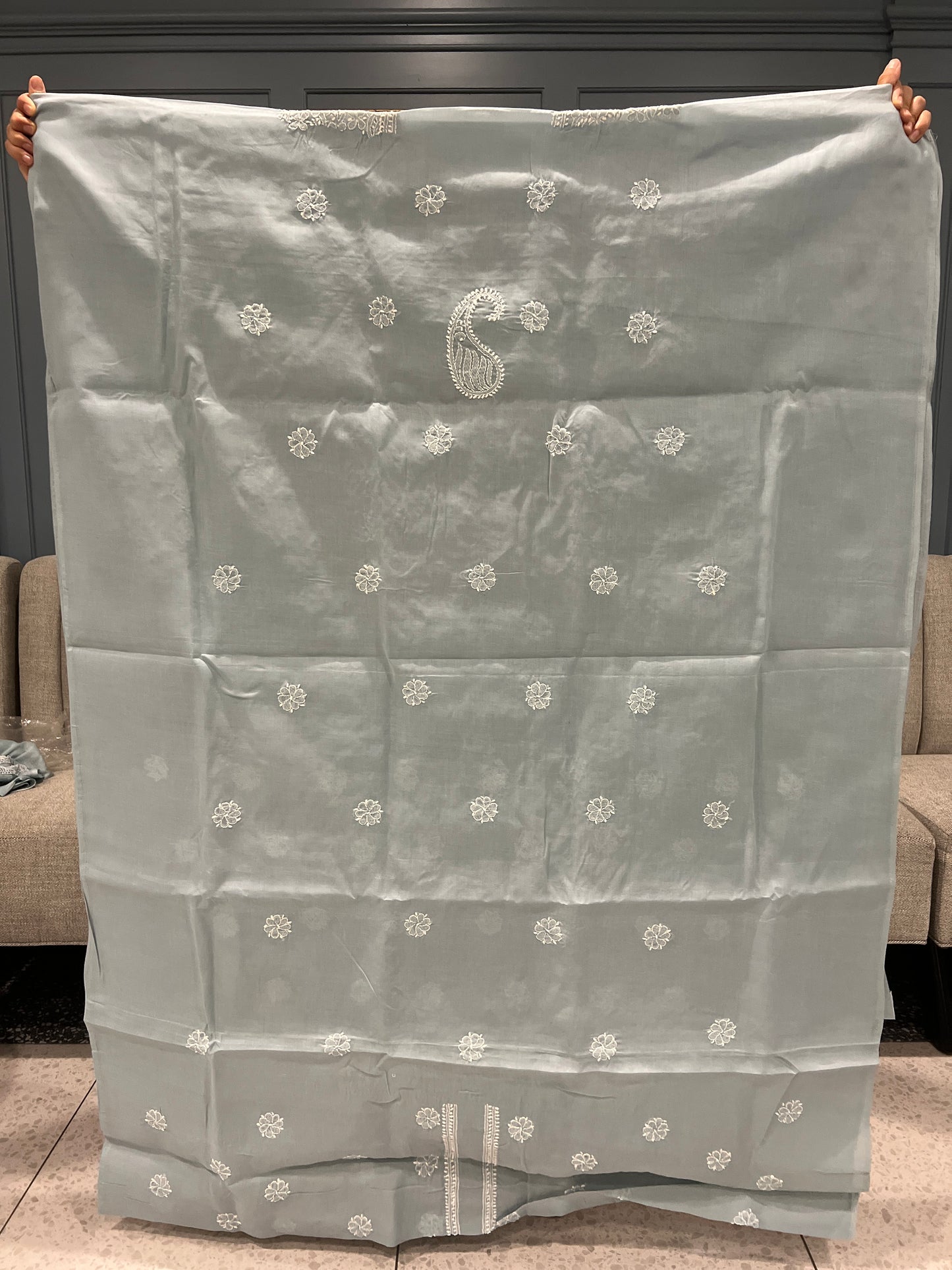 Lucknow chikankari cotton salwaar, kameez and dupatta dress material - blue grey