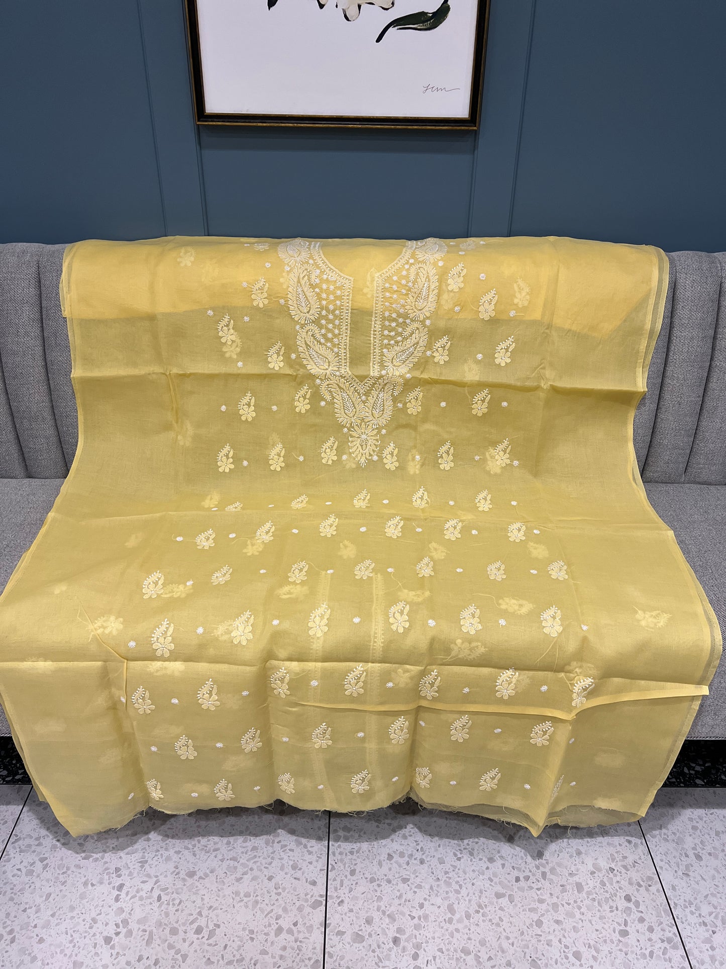 Lucknow chikankari cotton salwaar and kameez dress material - Yellow