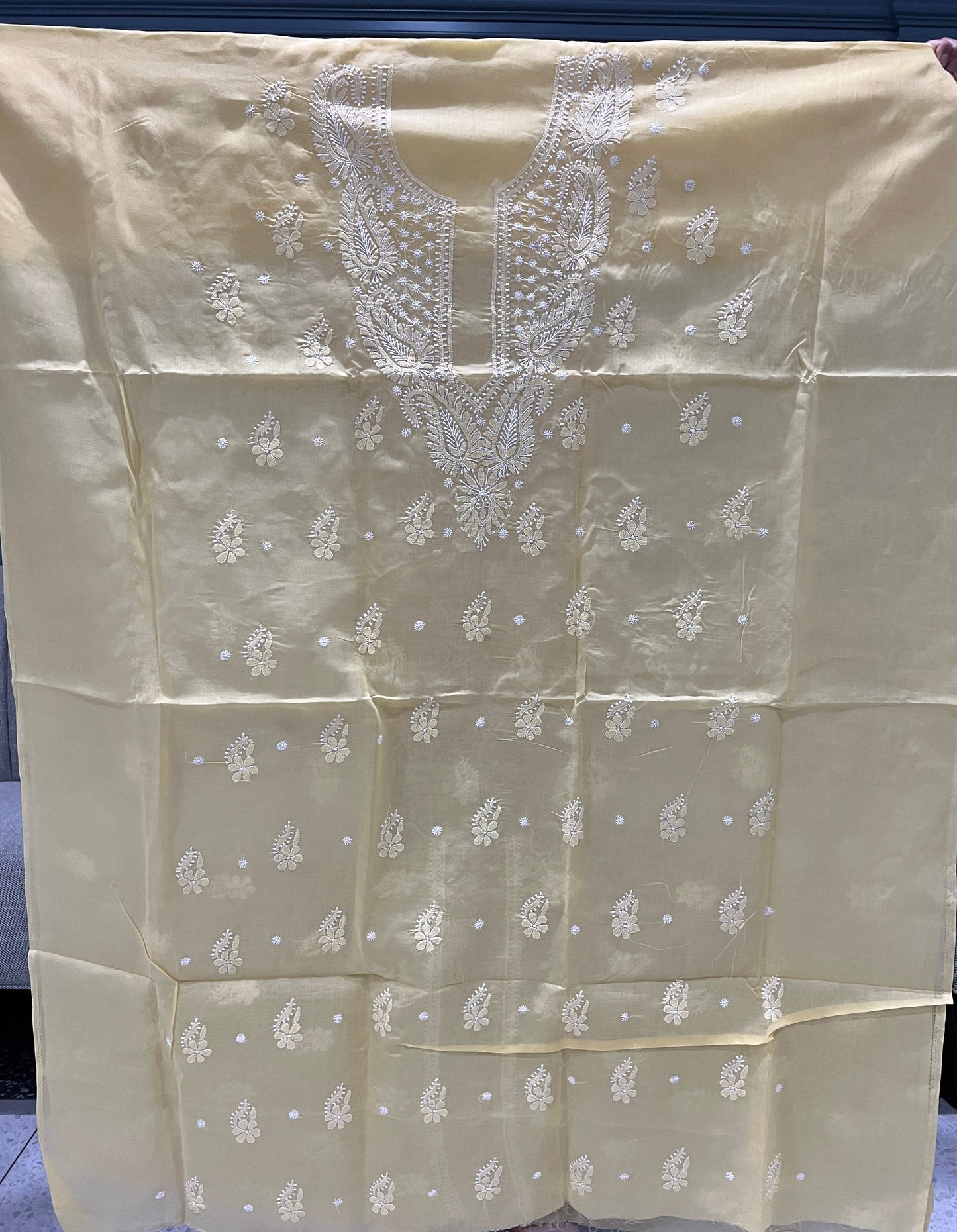 Lucknow chikankari cotton salwaar and kameez dress material - Yellow
