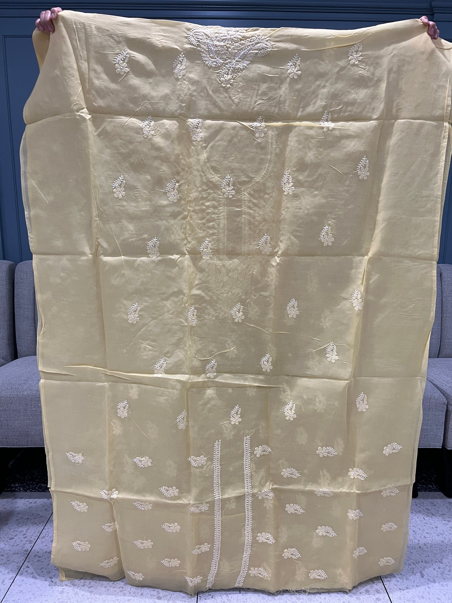 Lucknow chikankari cotton salwaar and kameez dress material - Yellow