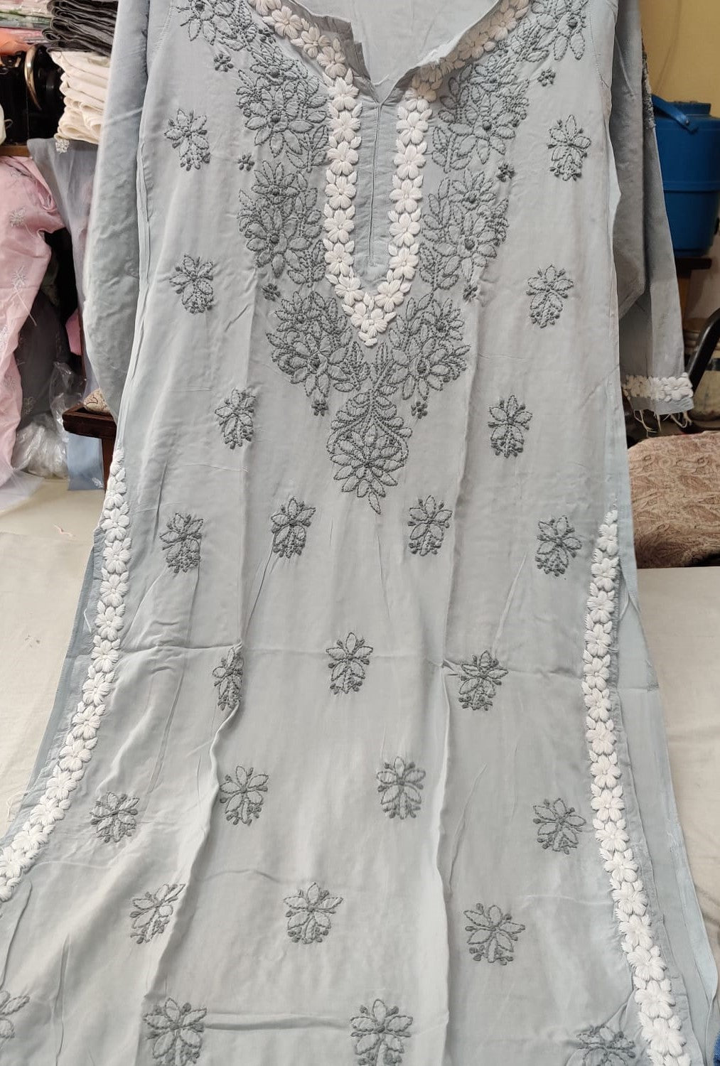 Lucknowi chikankari modal kurta in grey color