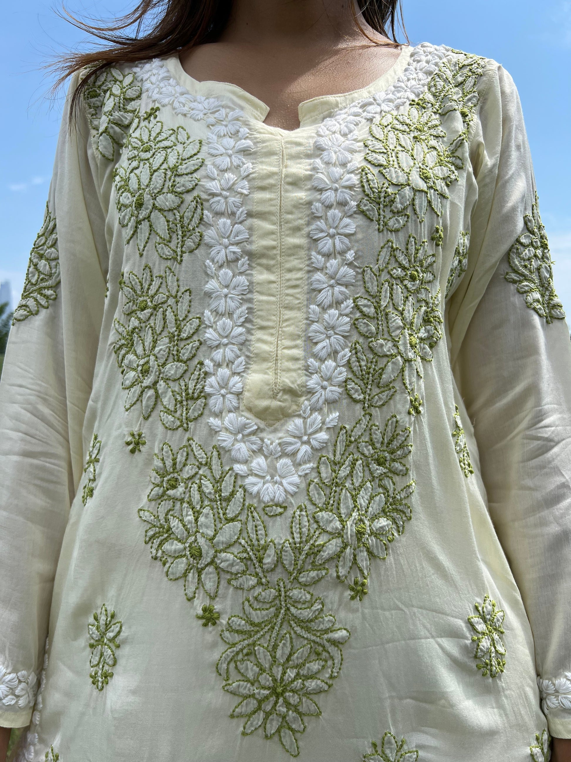 Chikankari floral border in white threads in neckline and floral booti  and bail in green threads all over the kurti