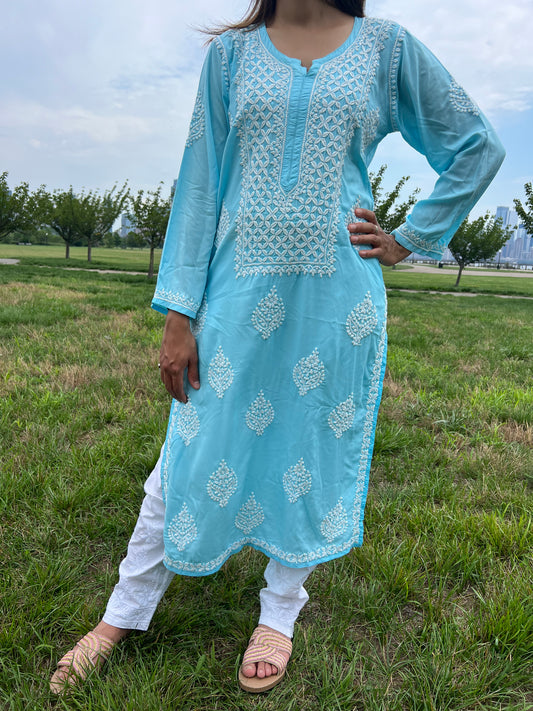 Blue chikankari kurti with glass gala design and booti in modal fabric
