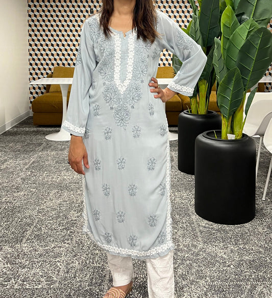 Grey chikankari kurti with floral design in white and grey threads in modal fabric