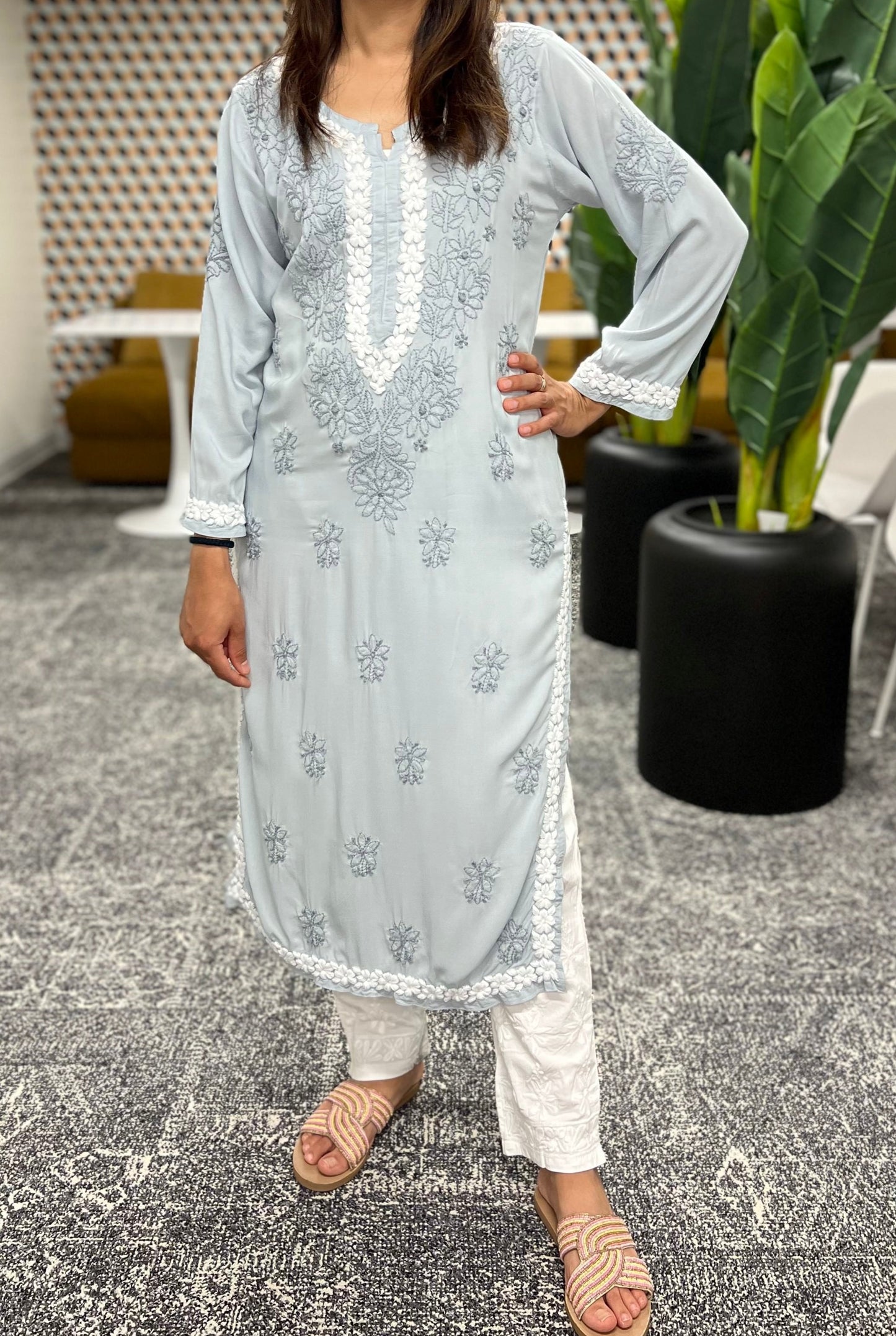 Lucknowi chikankari modal kurta in grey color