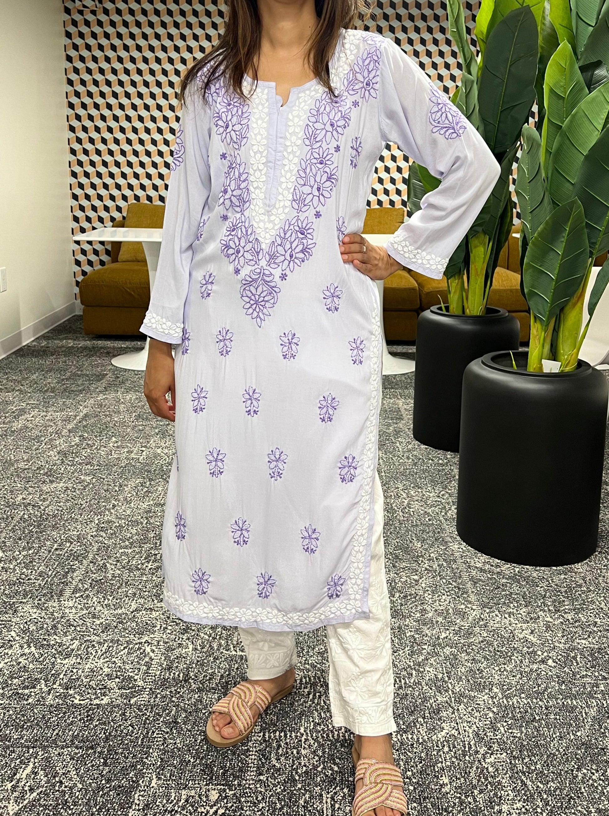 Purple chikankari kurti with floral design in modal fabric