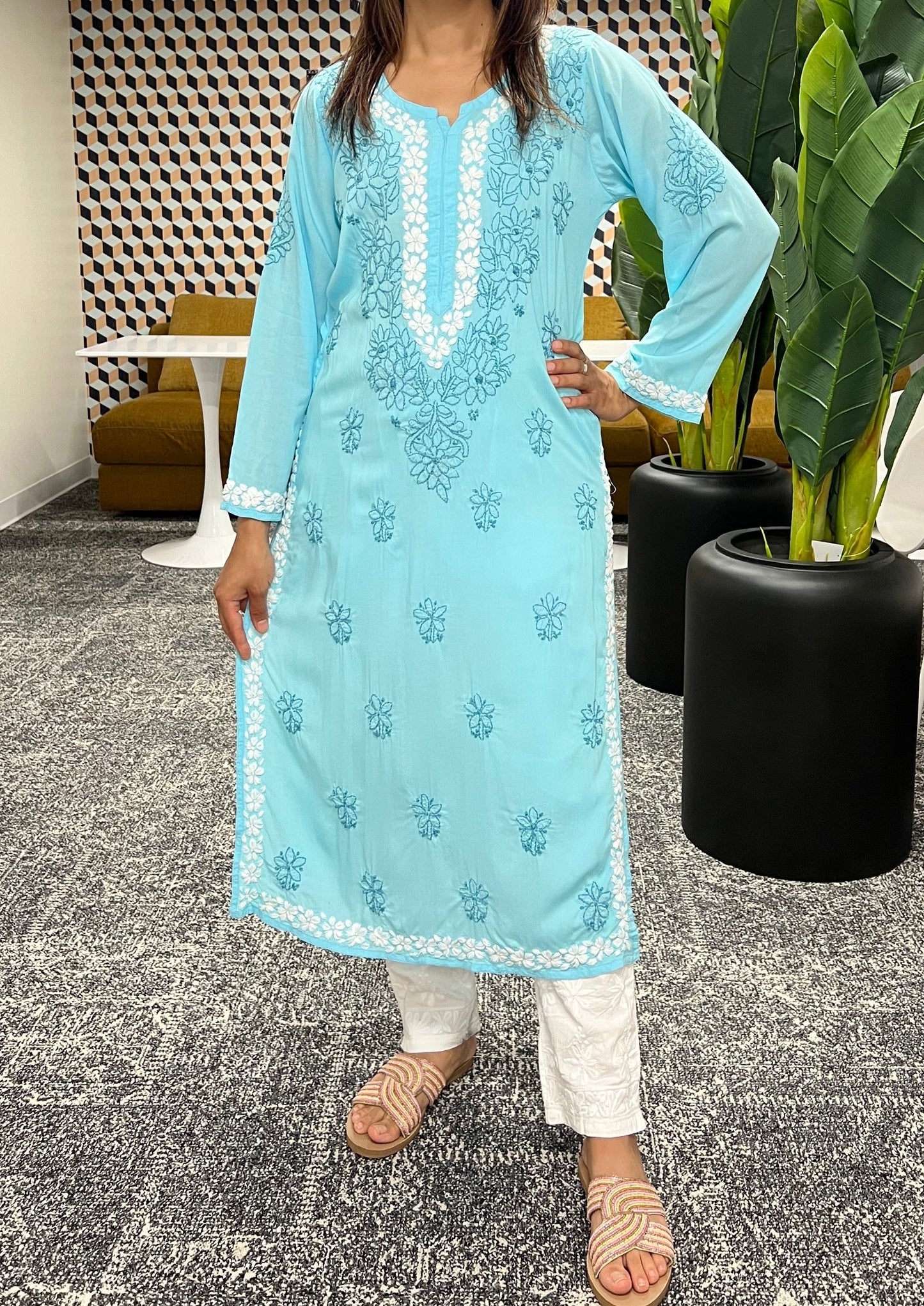 Blue chikankari kurti with floral design in modal fabric