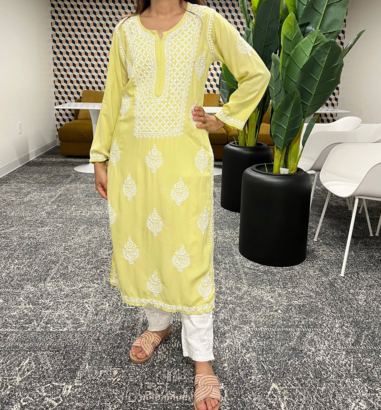 Pastel yellow chikankari kurti with glass gala design in modal fabric