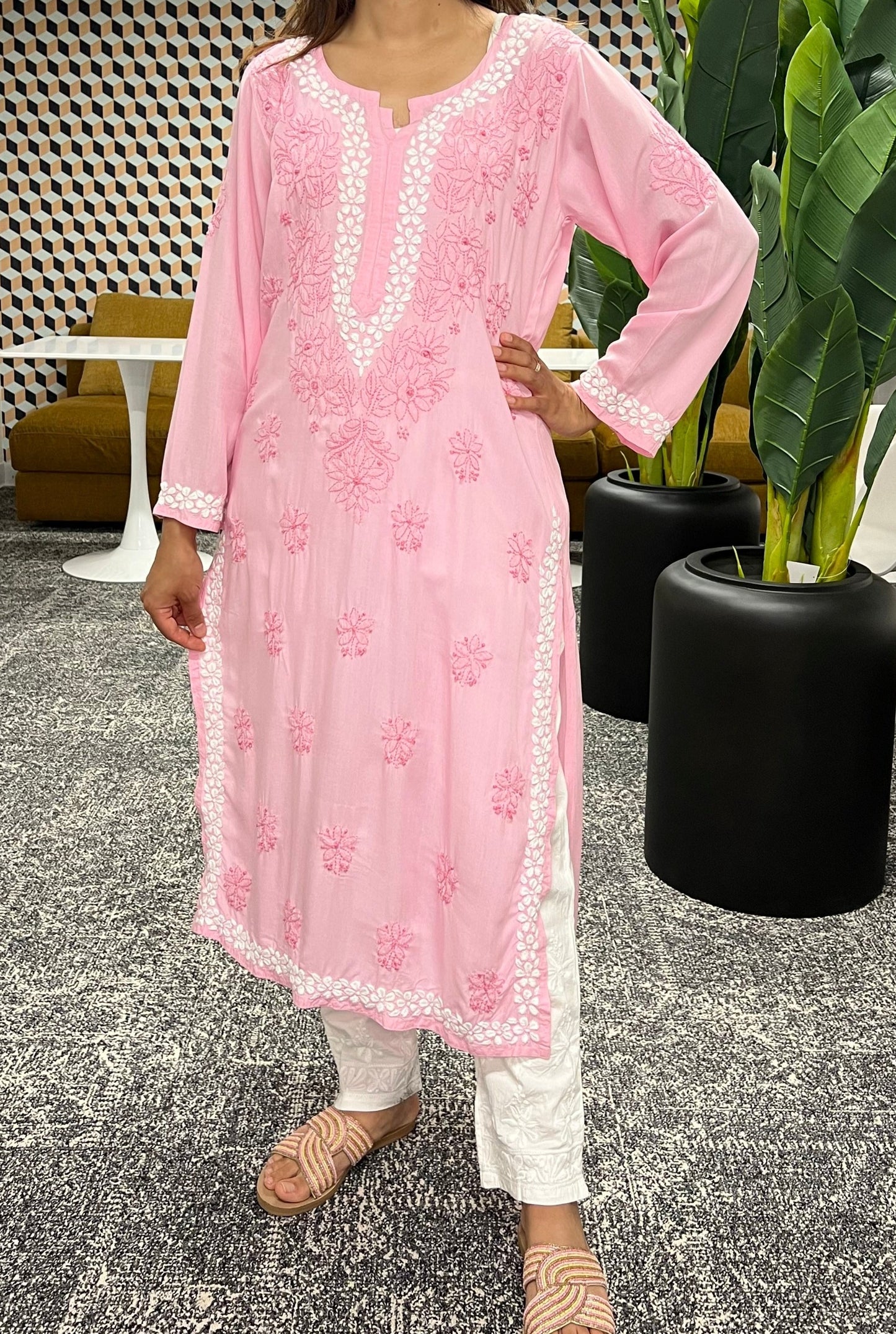 Pink chikankari kurti with floral design in modal fabric