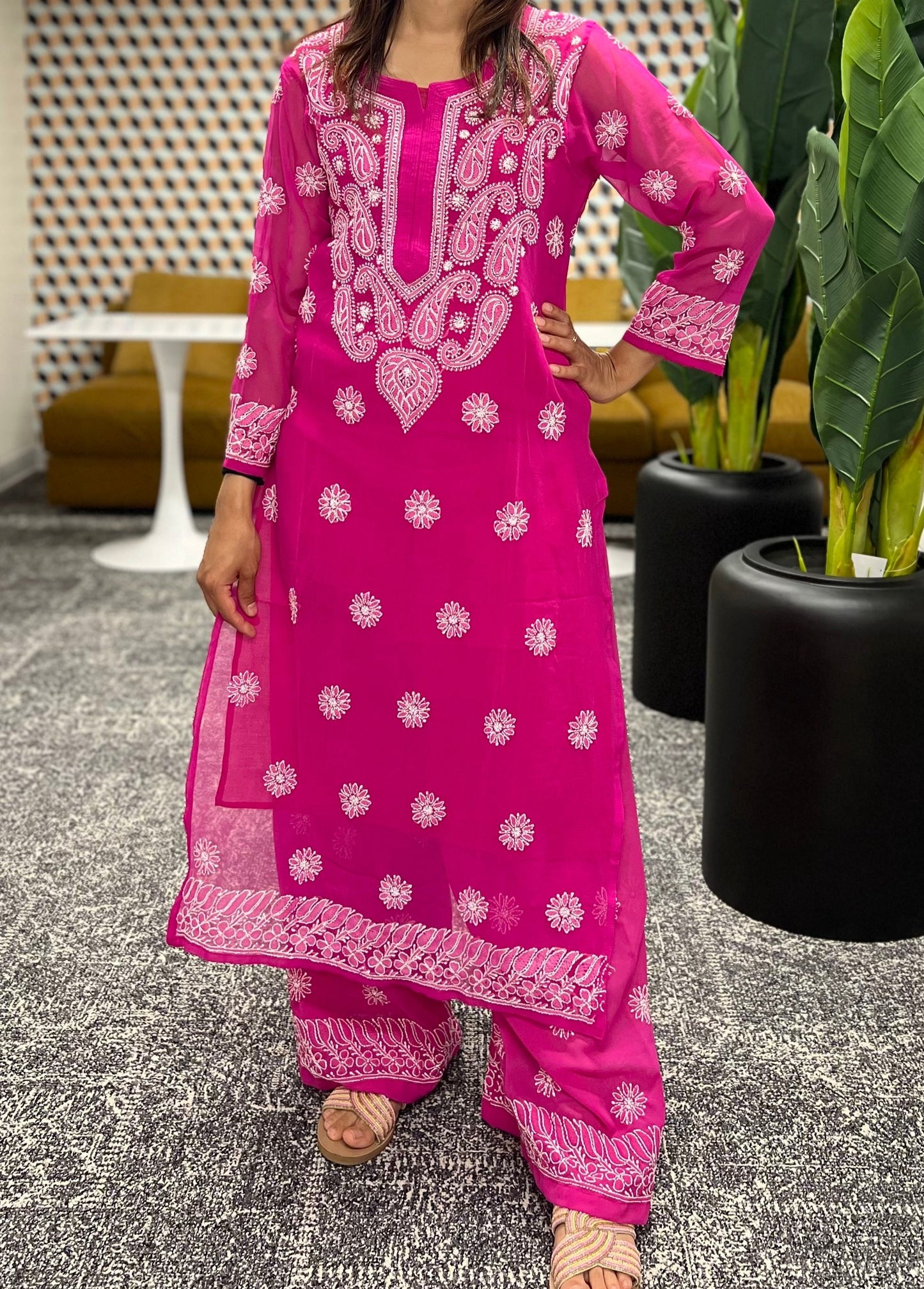 Chikankari kurti and palazzo set in georgette fabric in magenta pink color