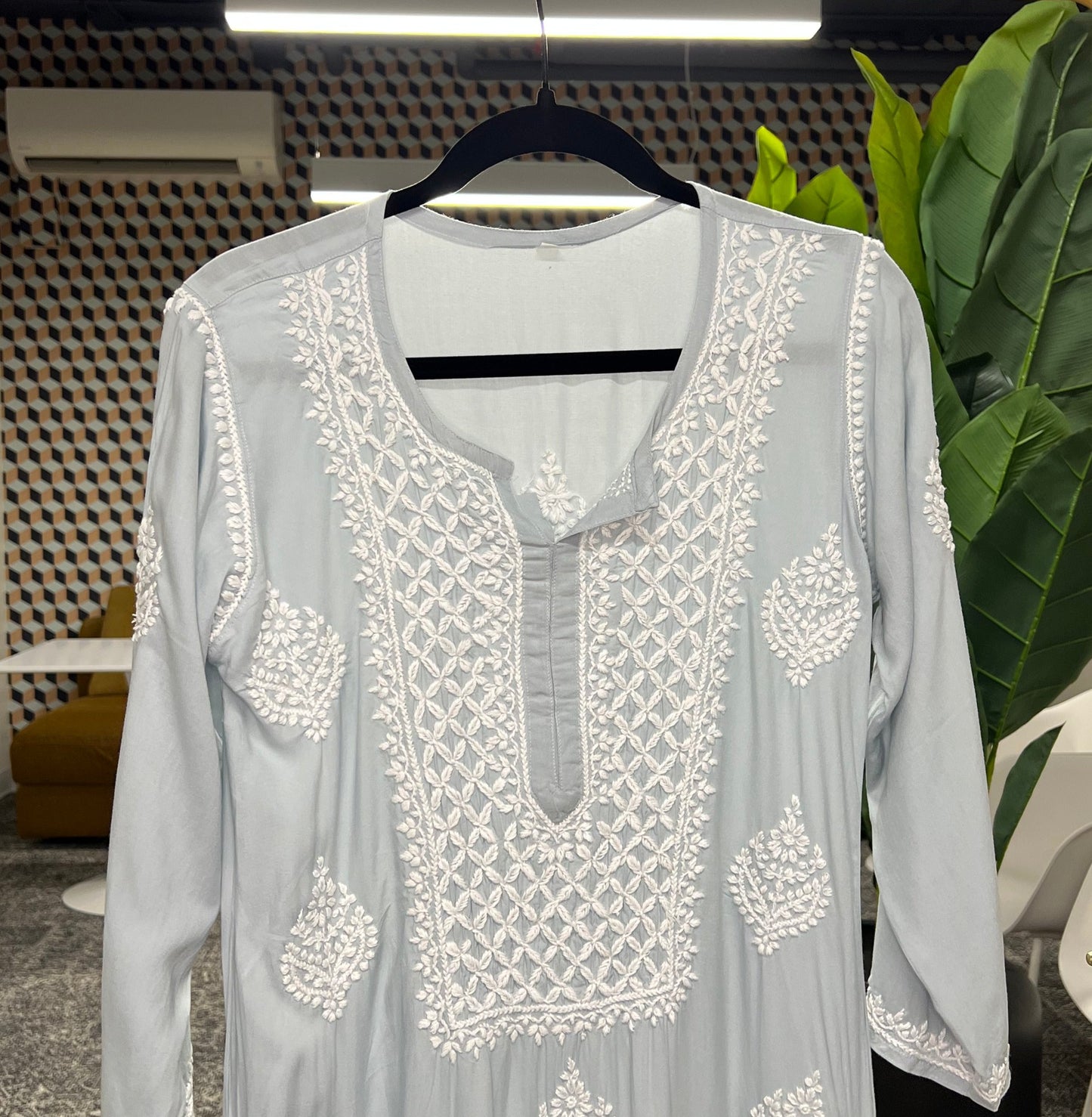 Detailed chikankari with glass gala design with white threads 