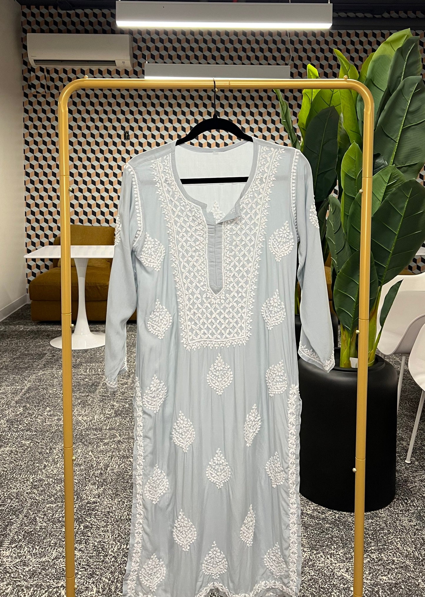 Grey chikankari kurti with glass gala design and booti in modal fabric