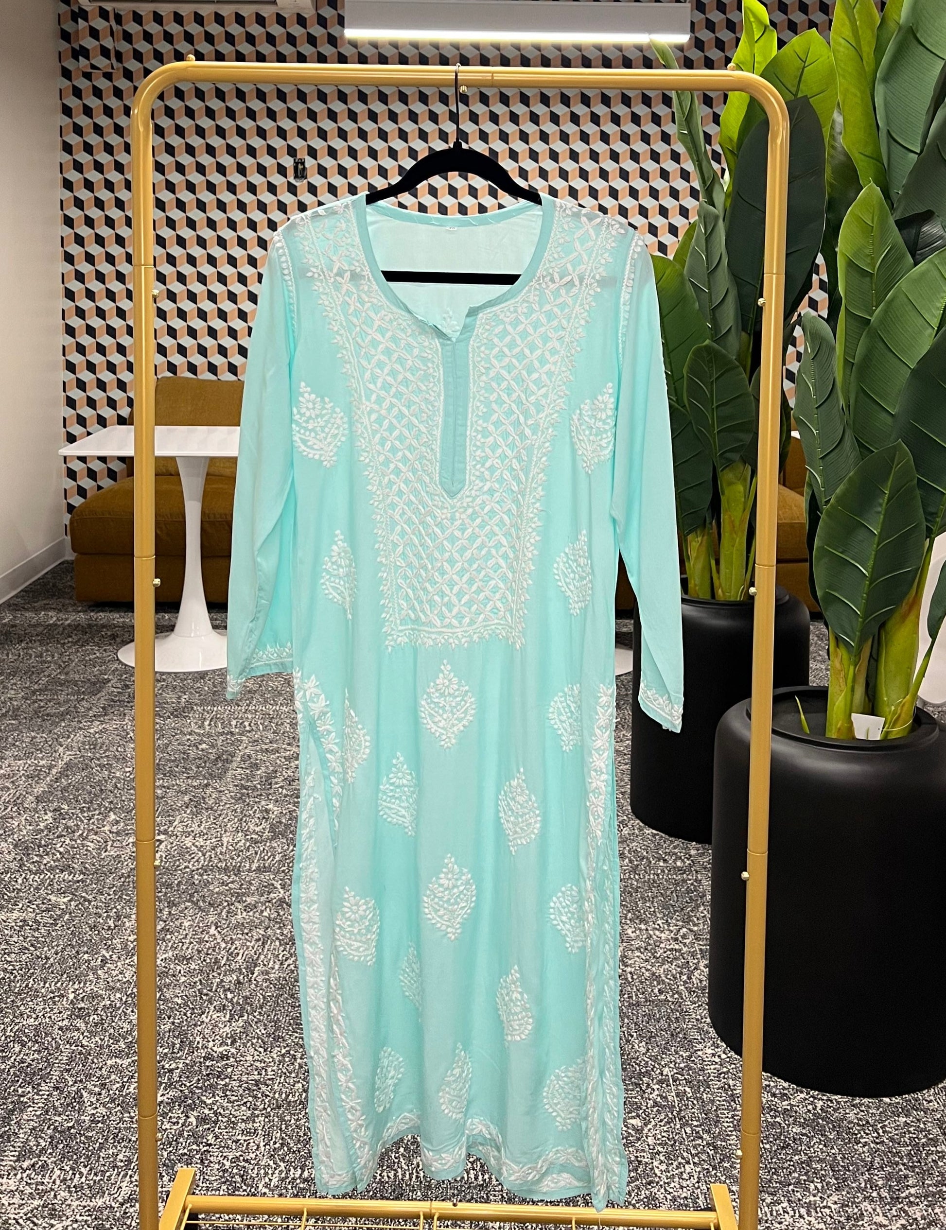 Pastel blue chikankari kurti with glass gala design in modal fabric