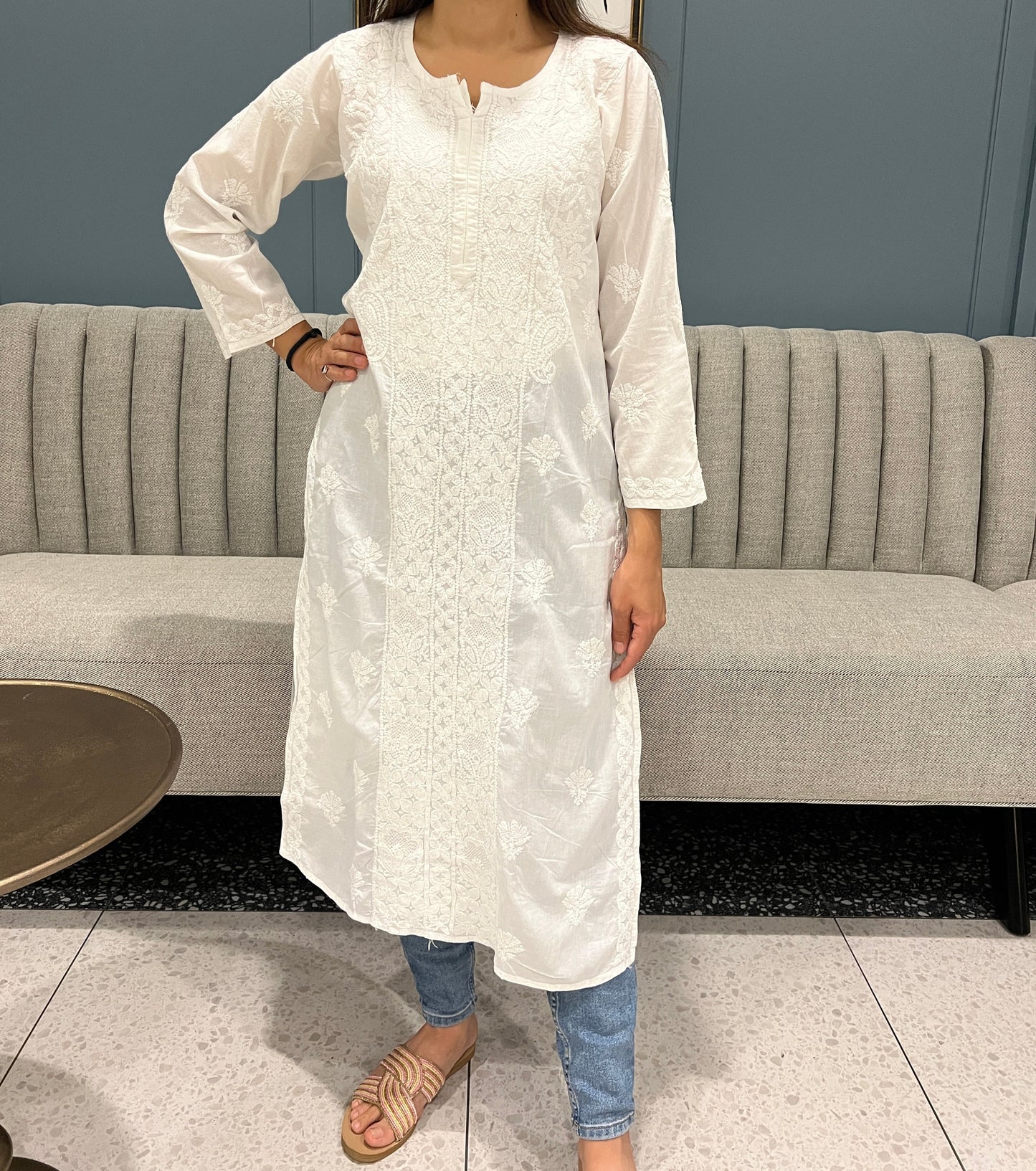 Chikankari straight kurta in cotton with chikan work in panel