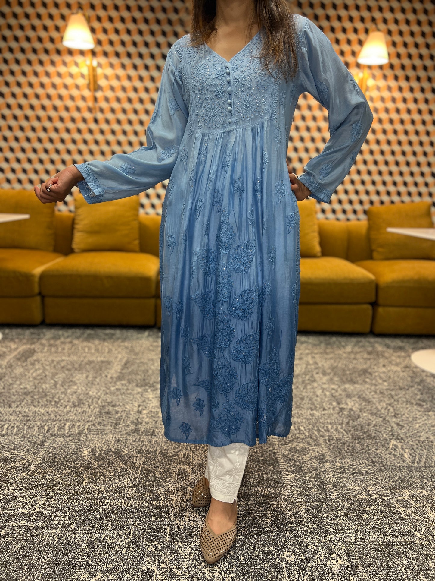 Lucknow chikankari ombre muslin kurti in blue color with mukaish work