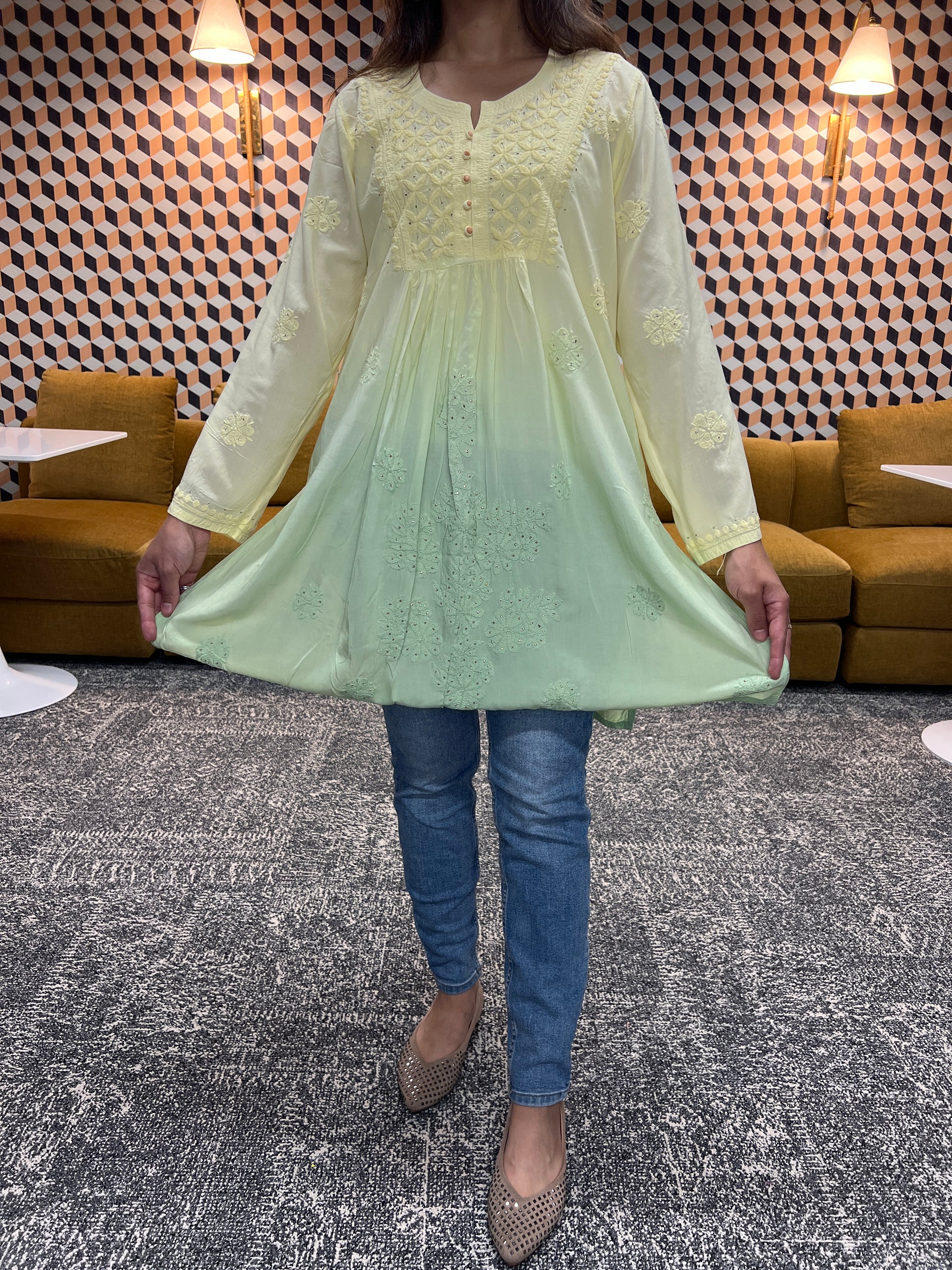 Chikankari frock style kurti obmre yellow and green with potli buttons full length view