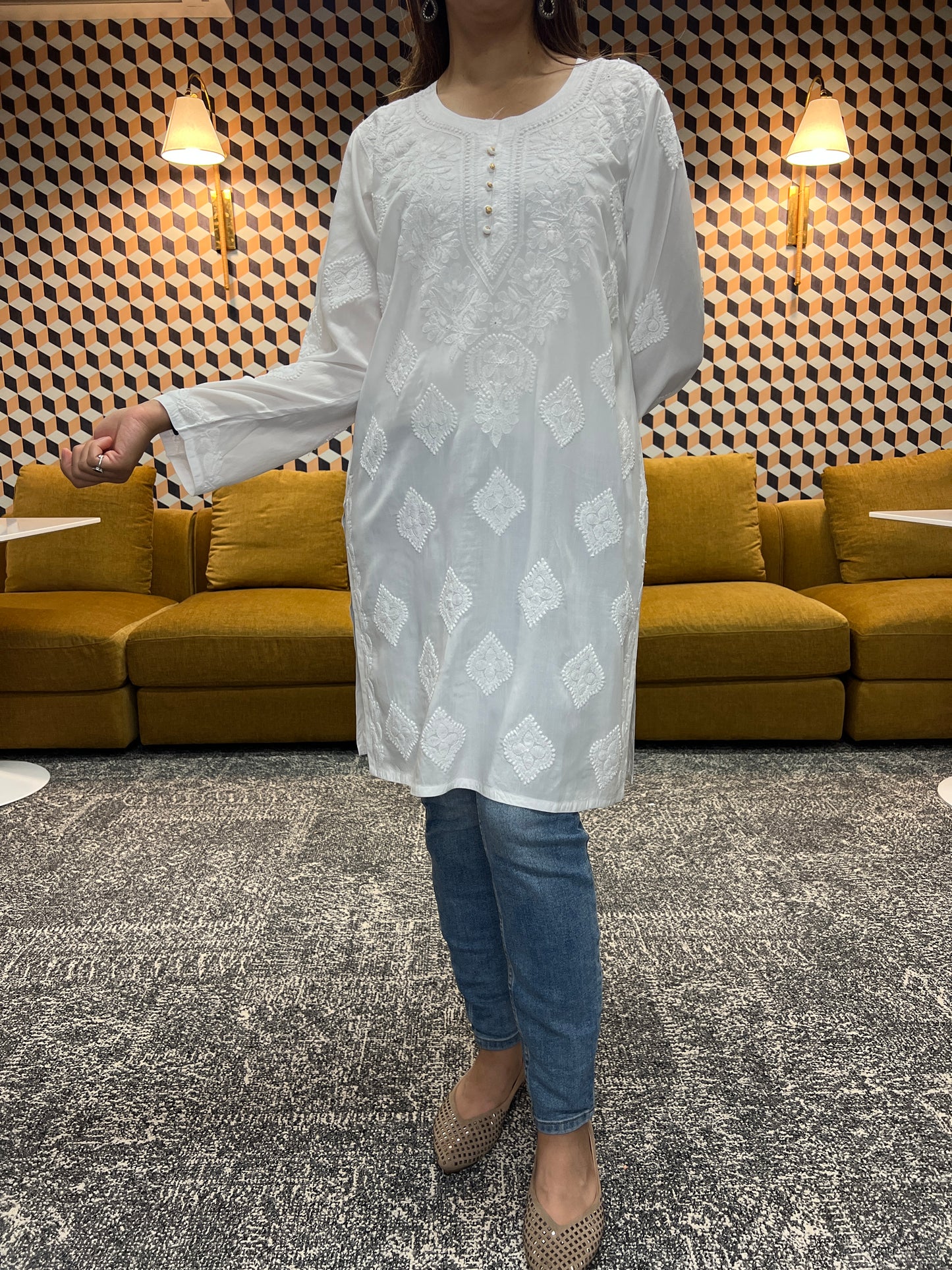 Lucknow chikankari modal straight short kurti in white color