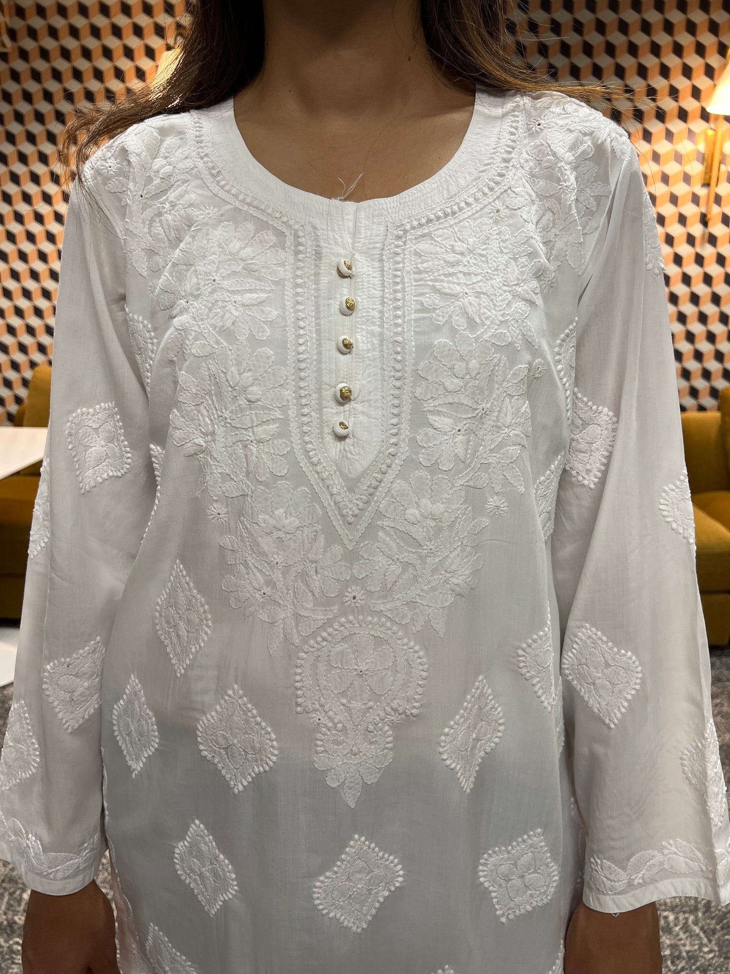 Lucknow chikankari modal straight short kurti in white color