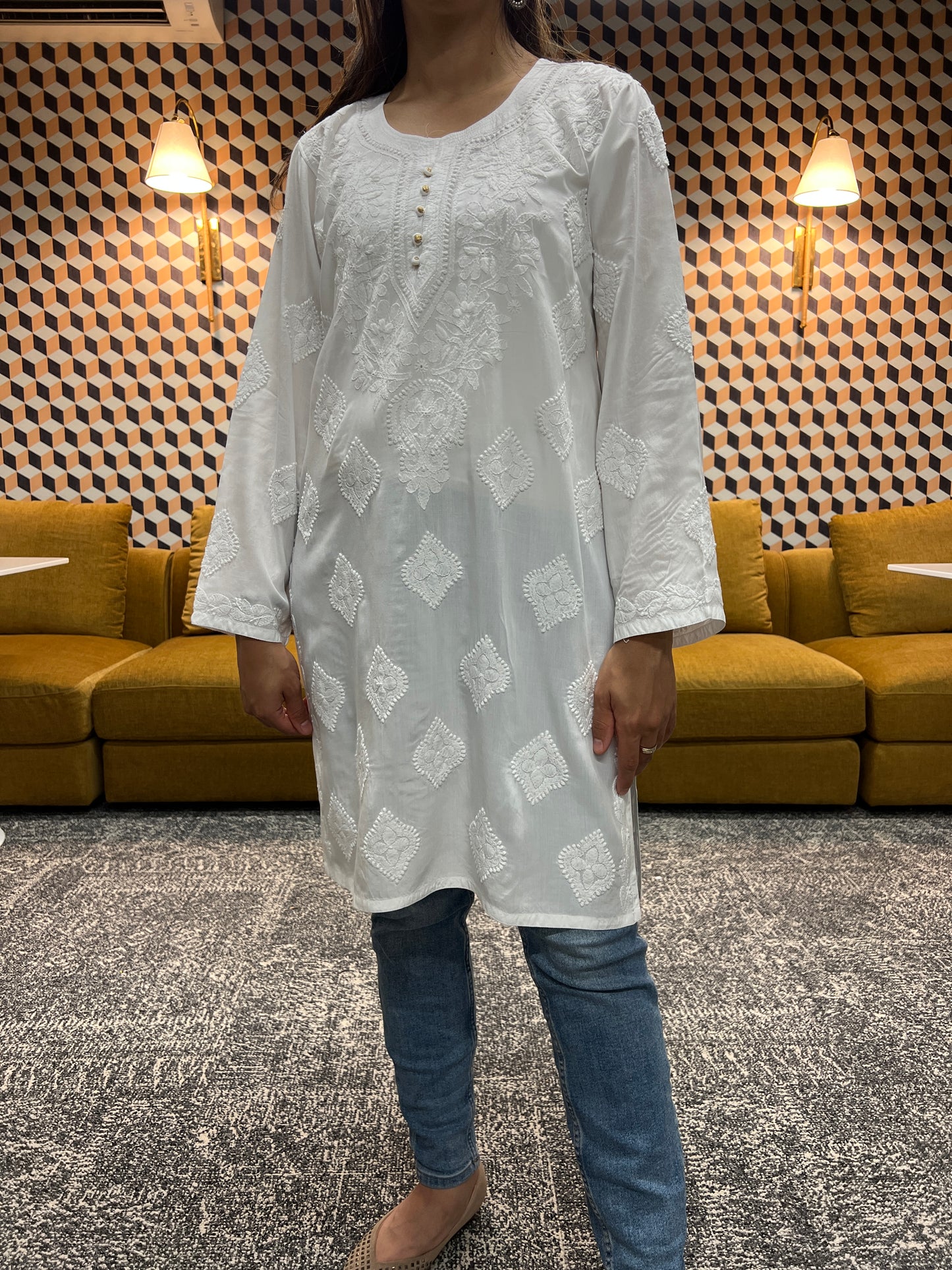 Lucknow chikankari modal straight short kurti in white color