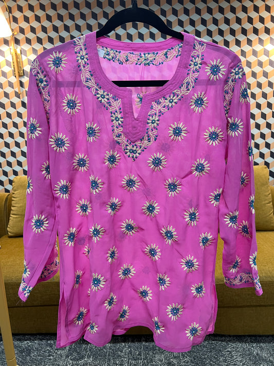 Lucknow chikankari georgette straight top in pink color