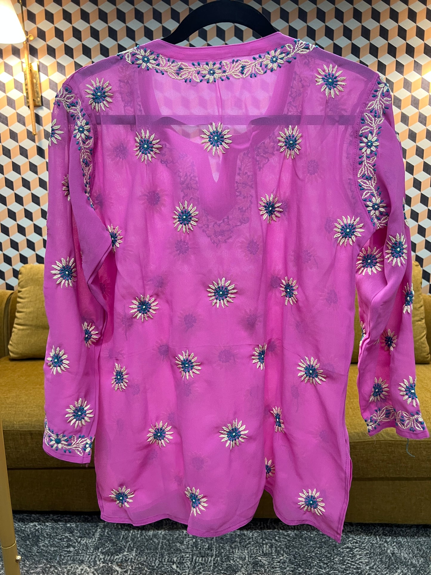 Lucknow chikankari georgette straight top in pink color