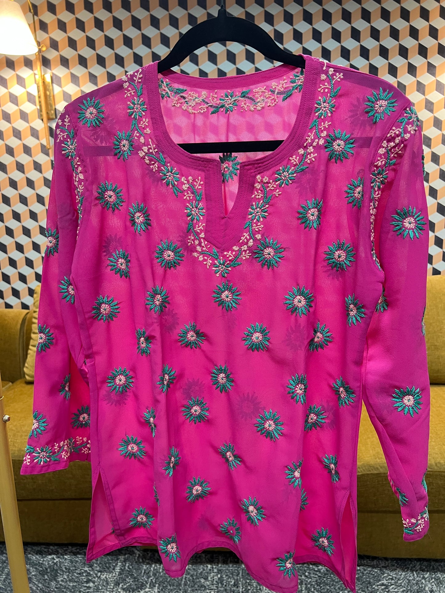 Lucknow chikankari georgette straight top in magenta pink color