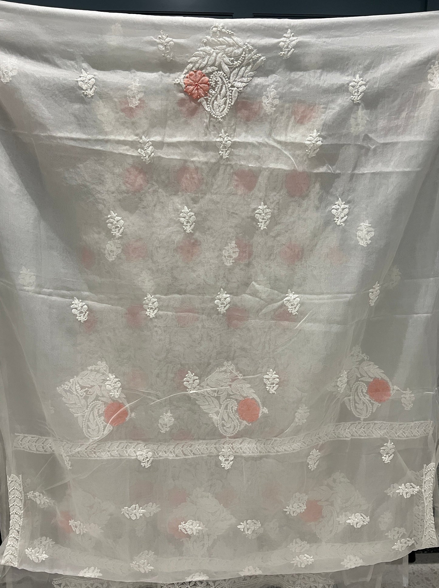 Lucknow chikankari organza dress material kurta and dupatta - white and pink
