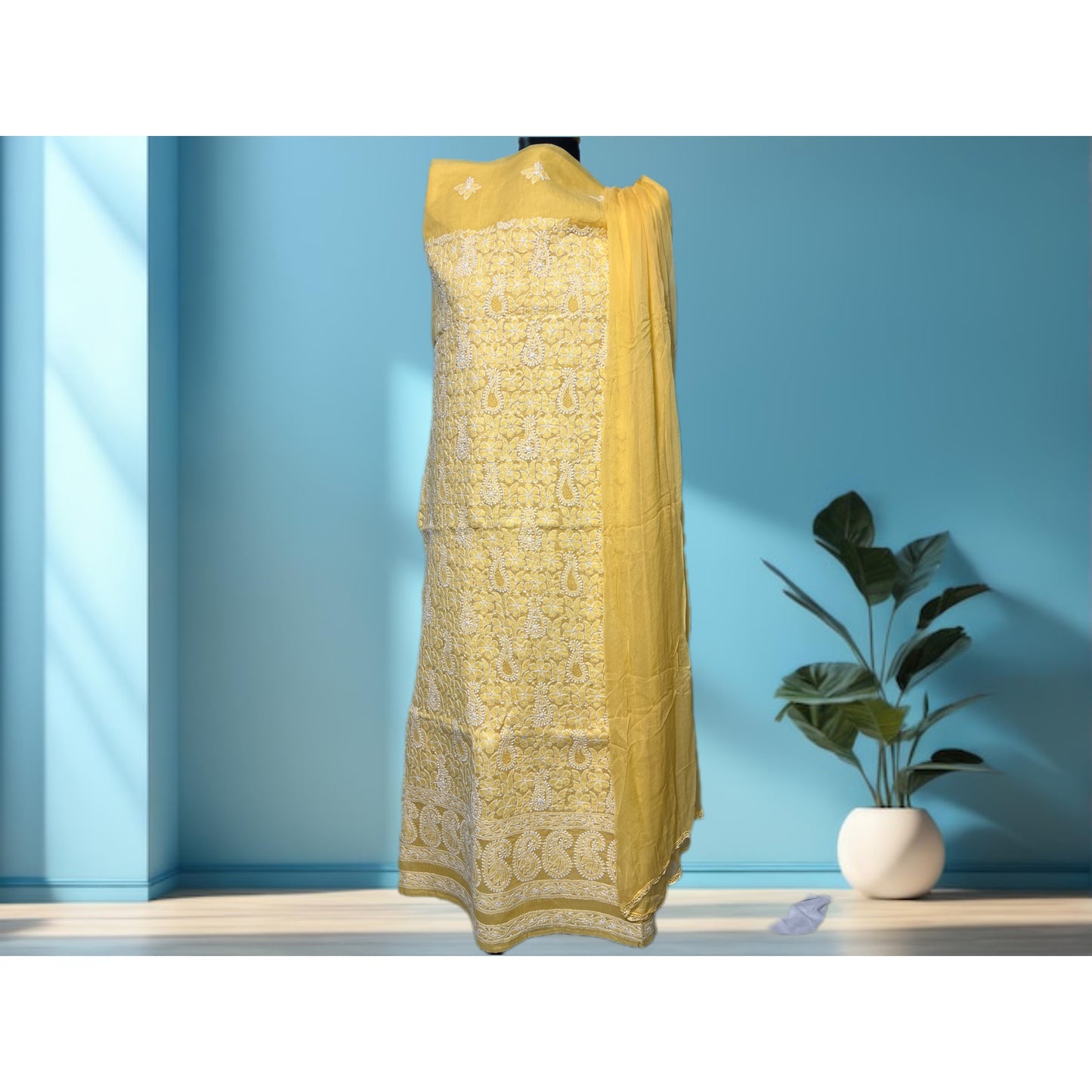 Lucknow Chikankari pure cotton dress material with kurta salwaar and dupatta - yellow