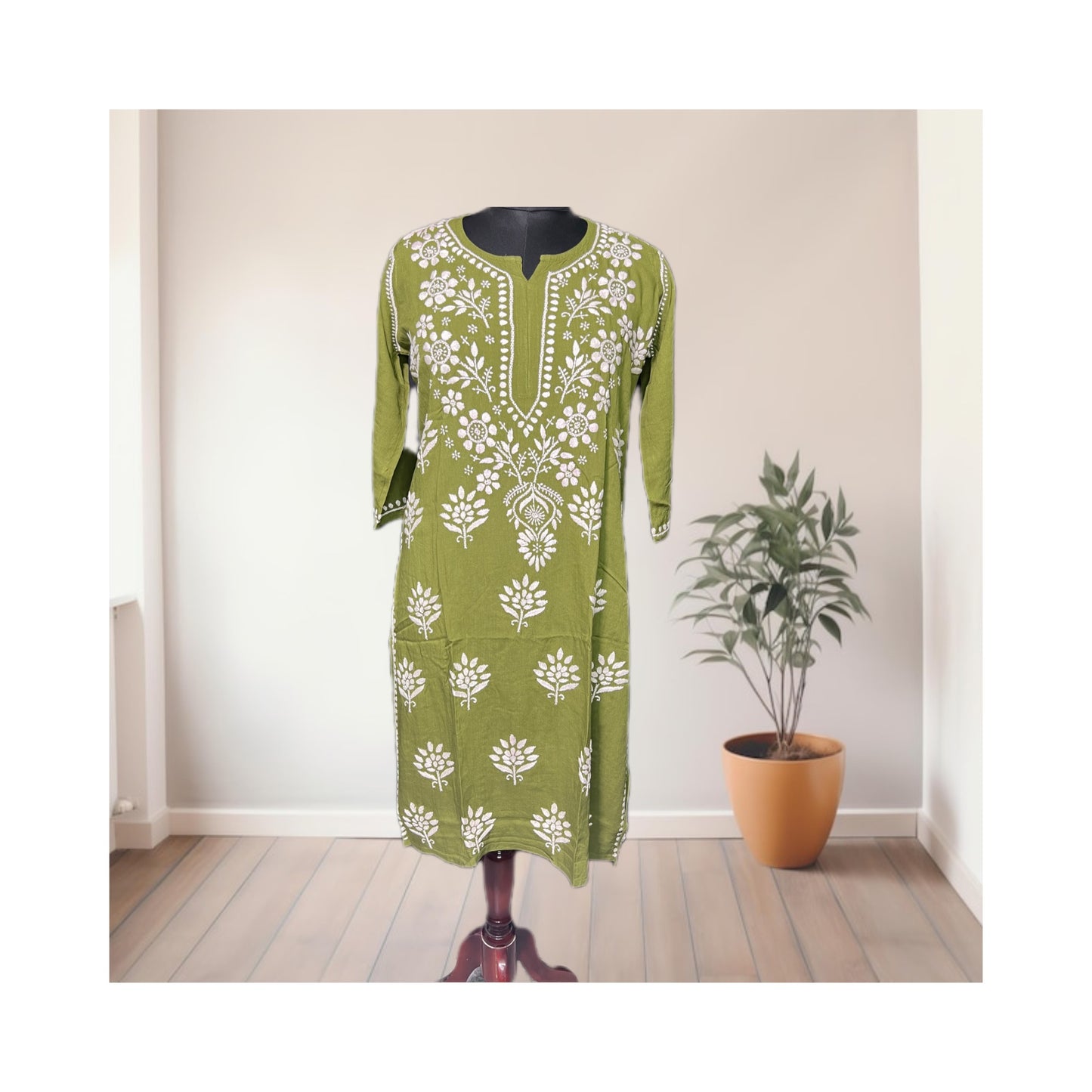 Lucknow chikankari rayon straight kurta - green