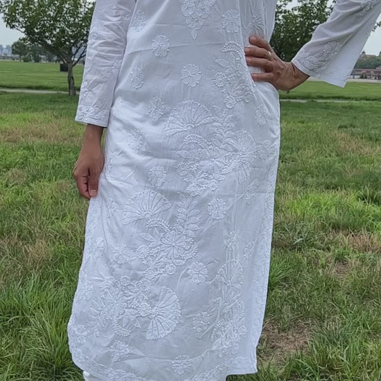 White chikanakri cotton kurti with bail design in white threads 