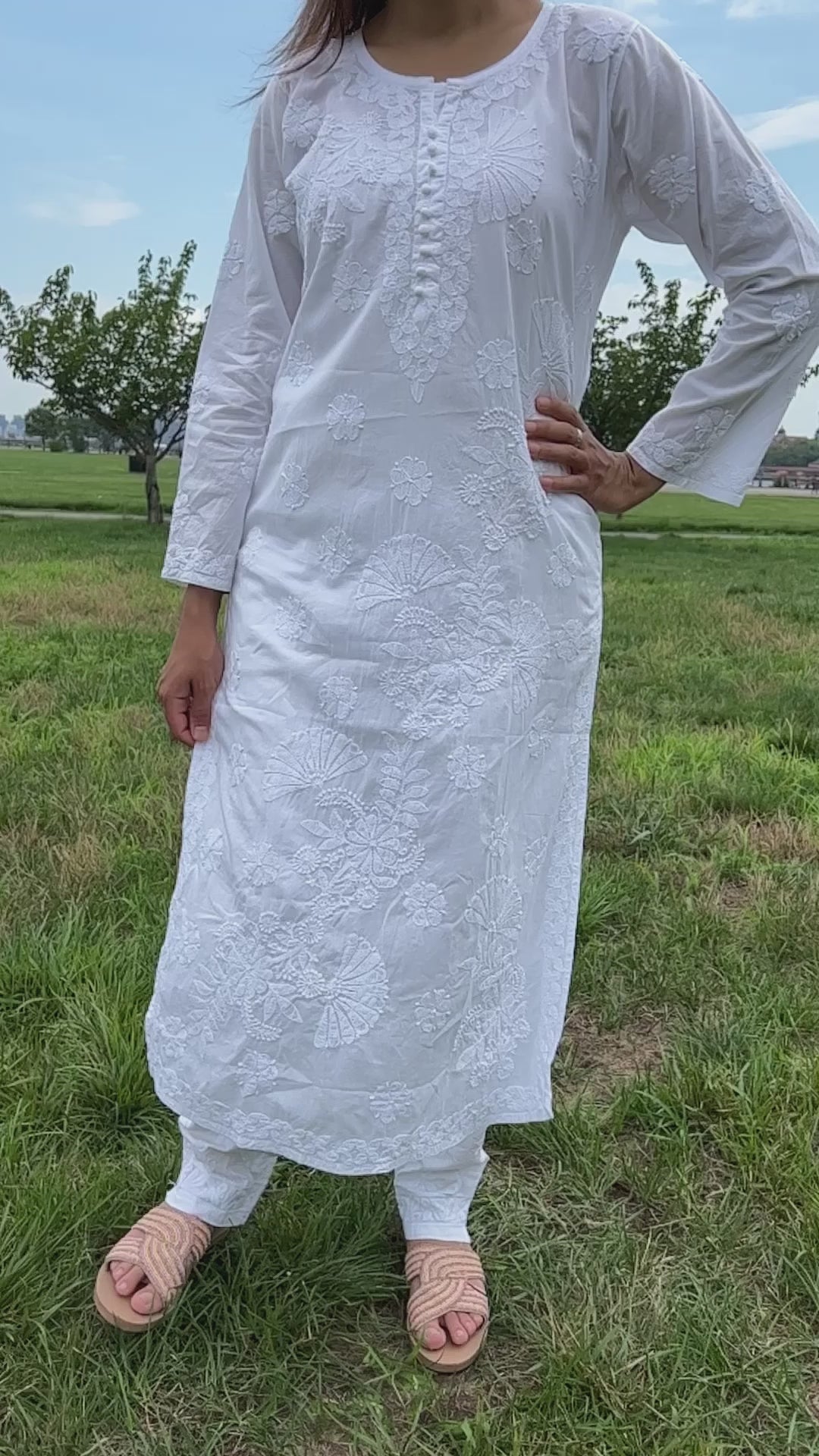 White chikanakri cotton kurti with bail design in white threads 
