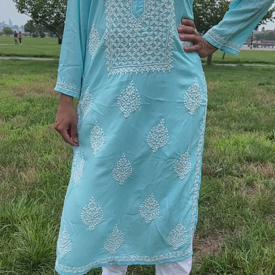 Blue chikankari kurti with glass gala design and booti in modal fabric