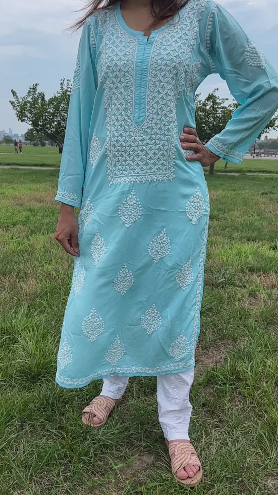 Blue chikankari kurti with glass gala design and booti in modal fabric