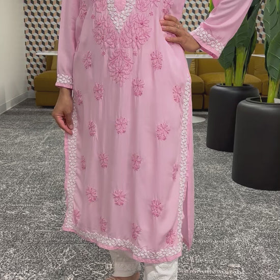 Peach chikankari kurti with floral design in modal fabric