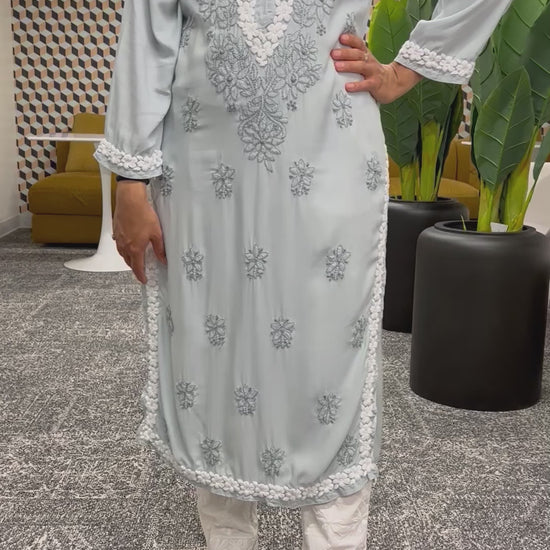 Grey chikankari kurti with floral design in modal fabric