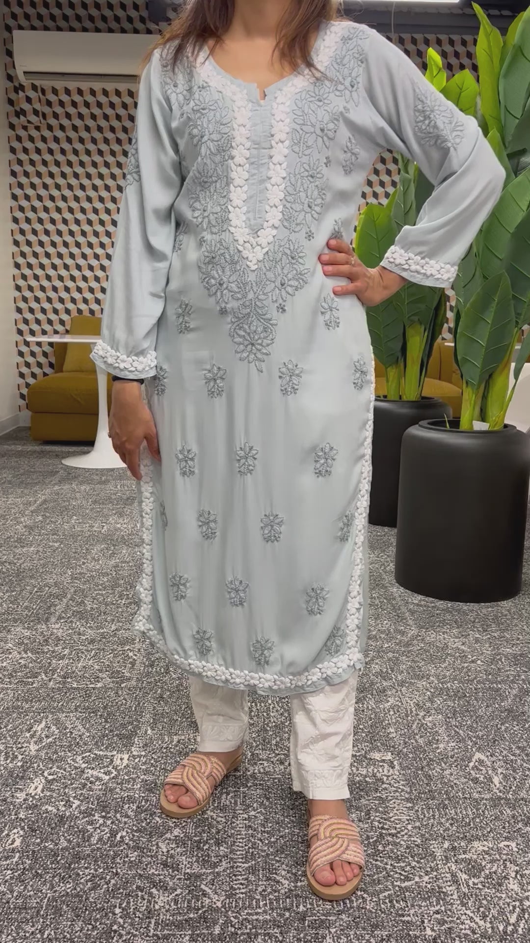 Grey chikankari kurti with floral design in modal fabric